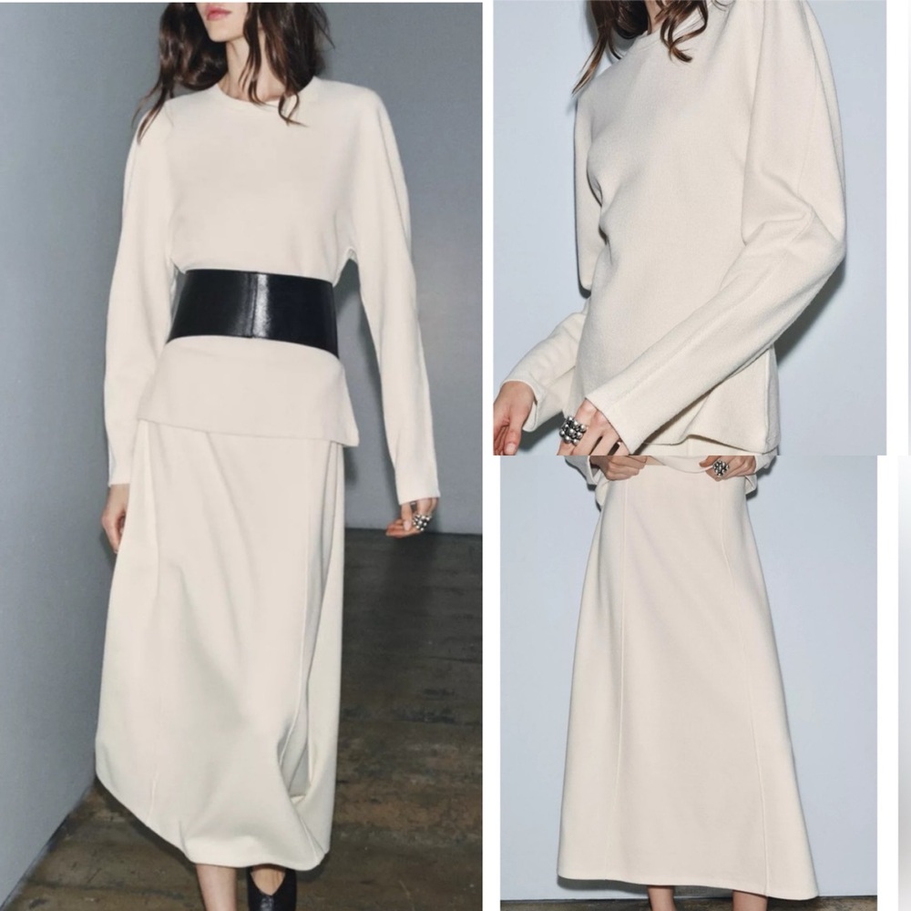 Zara NWT 2 piece matching SET ivory off white knit sweater top & midi skirt